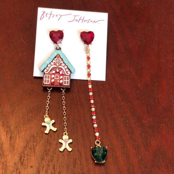 Betsey Johnson Jingle Bell Bling Gingerbread House Heart Mismatch Drop Earrings - Picture 2 of 14